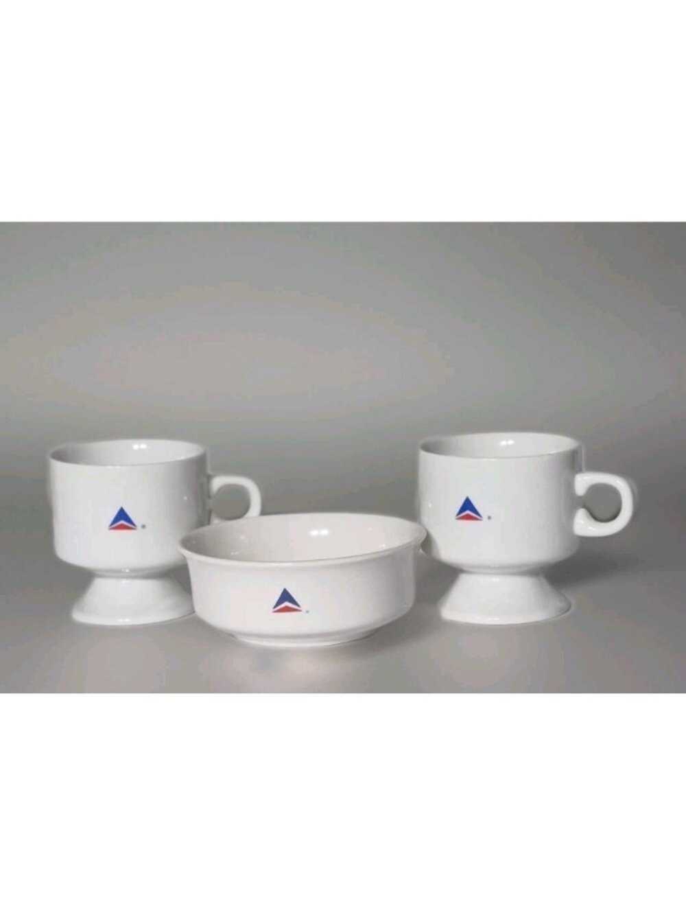 Set Of (3) Delta Airlines Logo Bowl & Coffee Cups Footed  White Porcelain